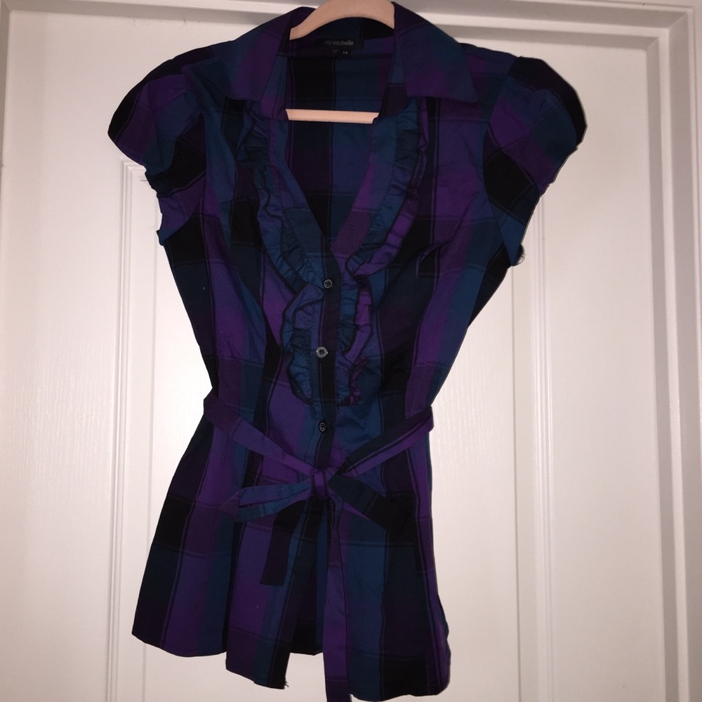Button up purple and turquoise plaid shirt